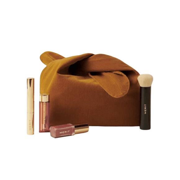 Merit Corduroy Tie Pouch Makeup Bag Brown Cosmetic Organizer - Picture 2 of 8